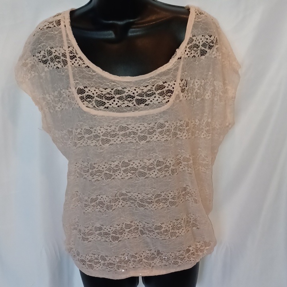 Eyelash couture lace capped sleeve top, peach with rose gold sequins